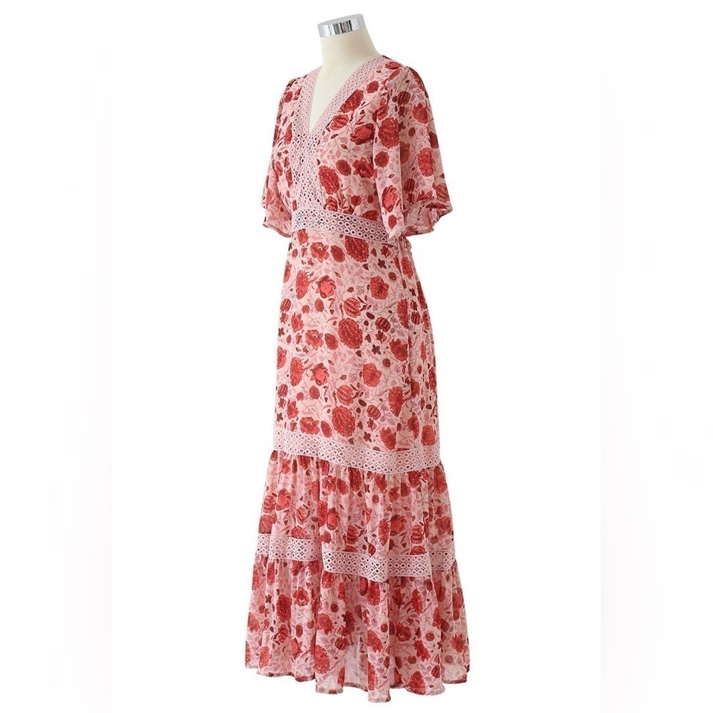 Small cottagecore boho tier ROTES GEHÄKELTES CHIFFON-KLEID MIT BLUMENMUSTER - Picture 7 of 11